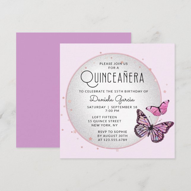 Rosa Black Butterflies Stars Modern Quinceañera Inbjudningar (Fram/baksida)