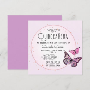 Rosa Black Butterflies Stars Modern Quinceañera Inbjudningar