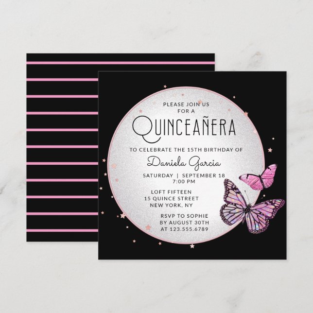 Rosa Black Butterflies Stars Modern Quinceañera Inbjudningar (Fram/baksida)