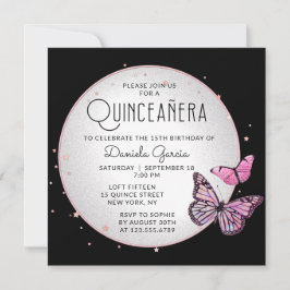 Rosa Black Butterflies Stars Modern Quinceañera Inbjudningar