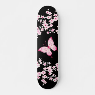 Rosa Black Butterfly and Cherry Blommars Mini Skateboard Bräda 18,5 Cm