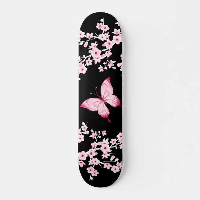 Rosa Black Butterfly and Cherry Blommars Mini Skateboard Bräda 18,5 Cm (Framsida)