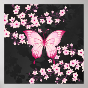 Rosa Black Butterfly and Cherry Blommars Poster