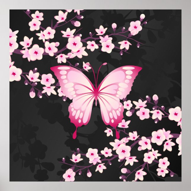 Rosa Black Butterfly and Cherry Blommars Poster (Framsidan)