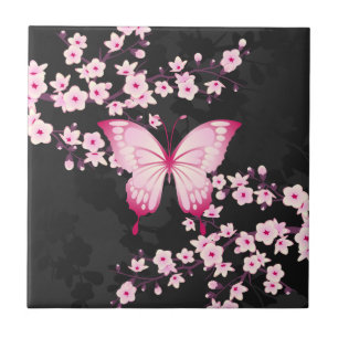 Rosa Black Butterfly och Cherry Blommars Kakelplatta