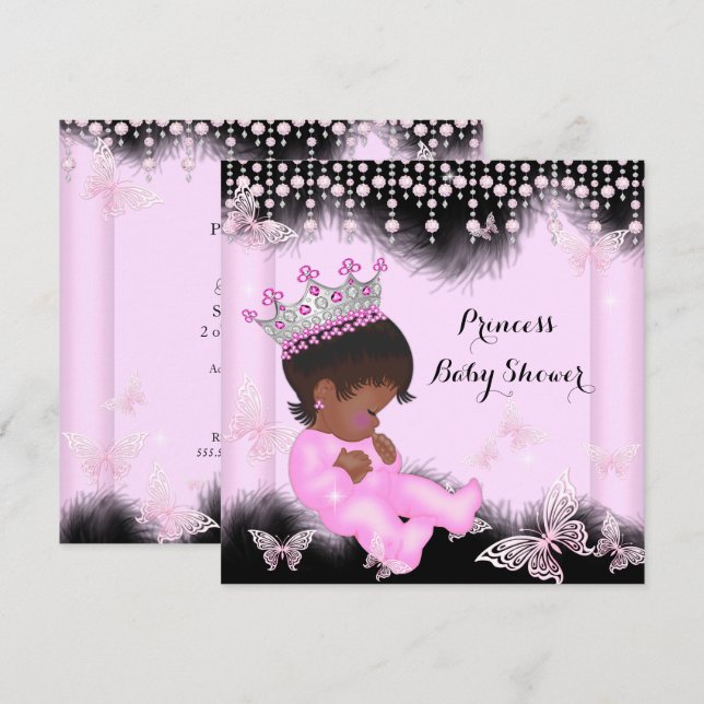 Rosa Black Butterfly Princess Baby Shower Ethnic Inbjudningar (Fram/baksida)