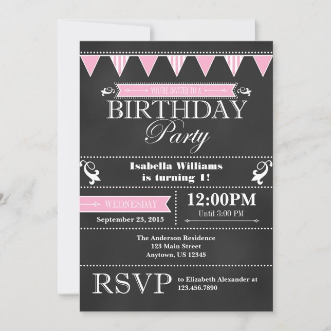 Rosa Black Chalkboard Birthday-inbjudan Inbjudningar (Framsida)