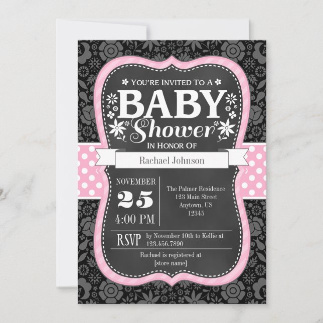 Rosa Black Chalkboard Blommigt Baby Shower Inbjuda Inbjudningar (Framsida)