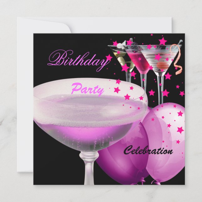 Rosa Black Champagne Cocktails Födelsedagsfest Inbjudningar (Framsida)