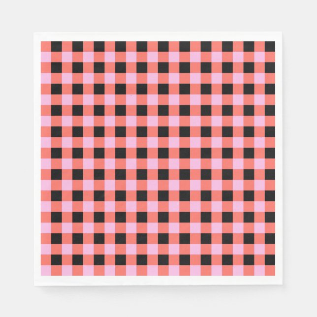 Rosa Black Checkered Gingham Mönster Pappersservett (Framsidan)
