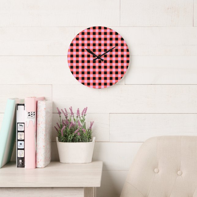 Rosa Black Checkered Gingham Mönster Stor Klocka (Läsesal)