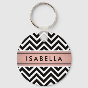 Rosa & Black Chevron Mönster Girly Faux Ro Guld Nyckelring