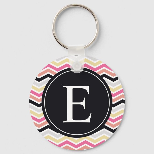 Rosa Black Coral Chevron Monogram Nyckelring (Framsida)
