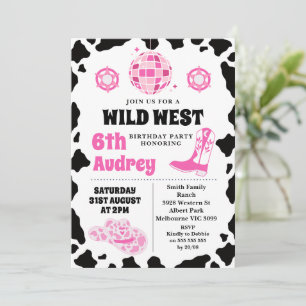Rosa Black Cow Print Vilda western Cowgirl Birthda Inbjudningar