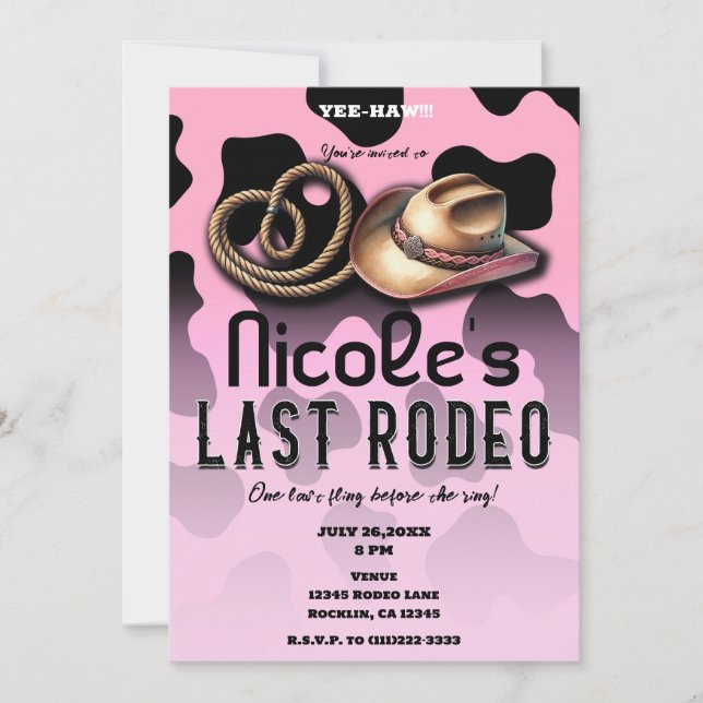 Rosa & Black Cowgirl Last Rodeo Bachelorette Inbjudningar (Framsida)