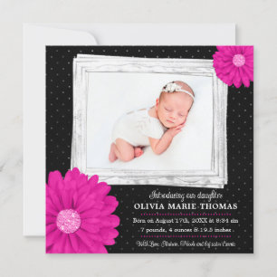 Rosa Black Daisy Girl Birth Notice Meddelande