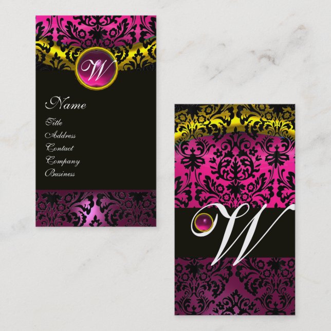 ROSA BLACK DAMASK AMETHYST MONOGRAM Fuchsia Guld Visitkort (Fram/baksida)