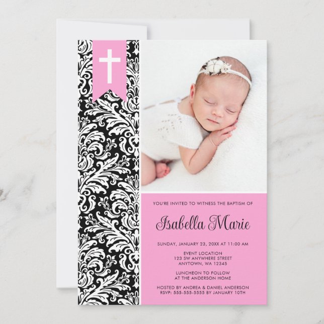Rosa Black Damask Banner Kor Photo Baptism Inbjudningar (Framsida)