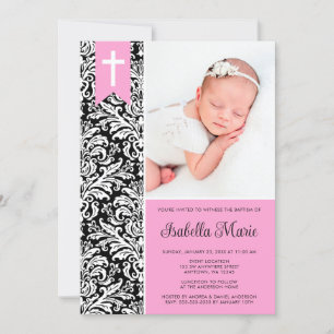 Rosa Black Damask Banner Kor Photo Baptism Inbjudningar