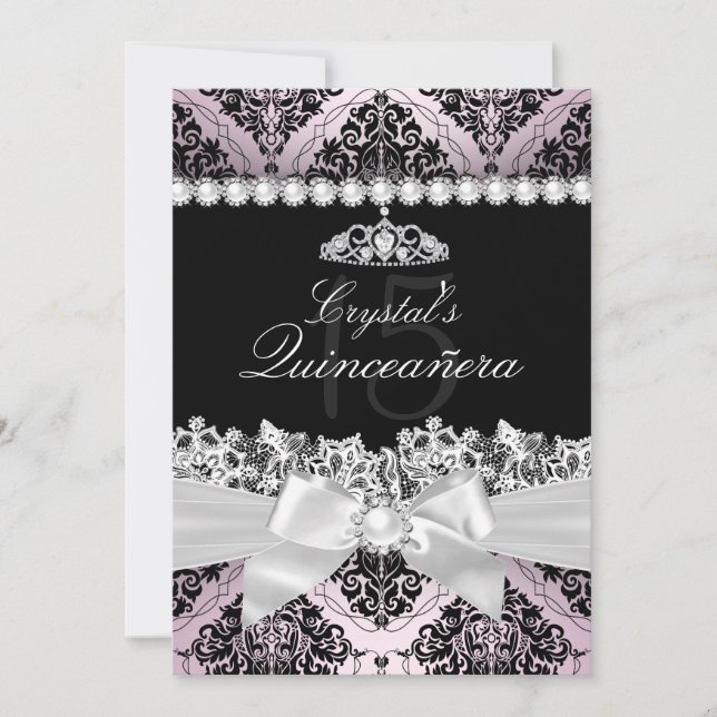 Rosa Black Damask Bow Quinceanera Inbjudan (Framsida)