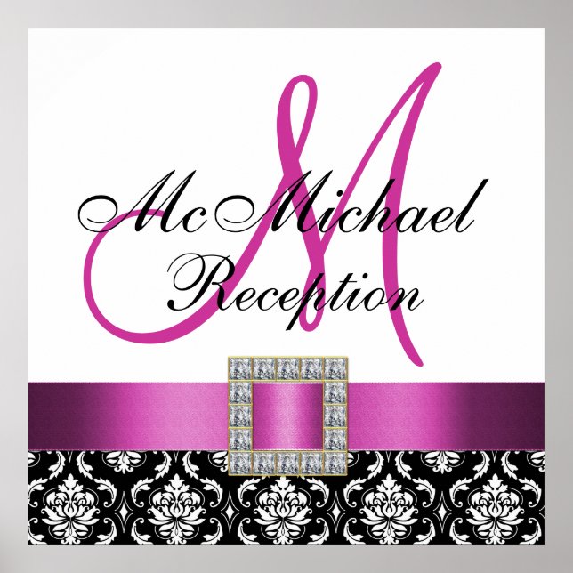 Rosa Black Damask-bröllopsmottagningsskylt Poster (Framsidan)