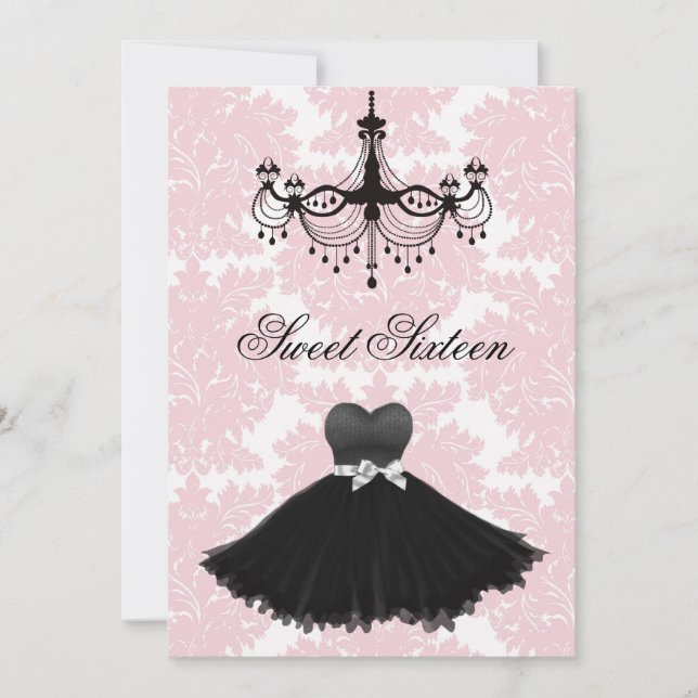 Rosa Black Damask Chandelier Sweet sixteen Birthda Inbjudningar (Framsida)