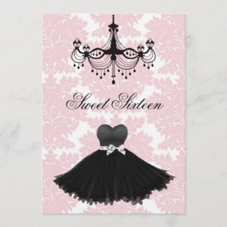 Rosa Black Damask Chandelier Sweet sixteen Birthda Inbjudningar
