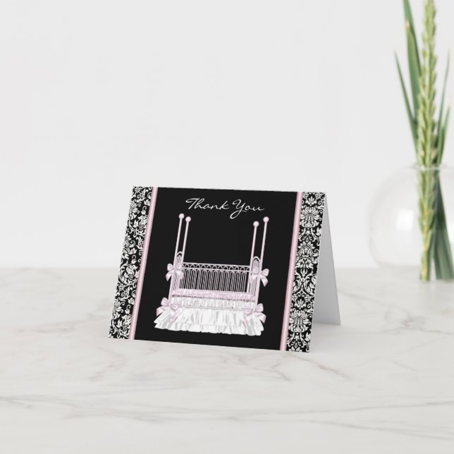 Rosa Black Damask Crib Baby Shower - tack för dina Kort (Framsida)