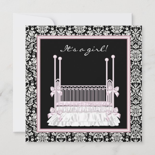 Rosa Black Damask Crib Flicka Shower Inbjudningar (Framsida)