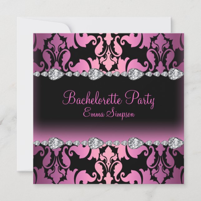 Rosa & Black Damask & Diamond Bachelorette Inbjuda Inbjudningar (Framsida)