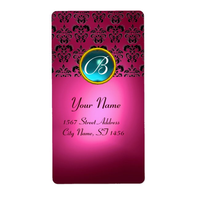 ROSA BLACK DAMASK MONOGRAM, akvamarinturkvas Fraktsedel (Framsidan)