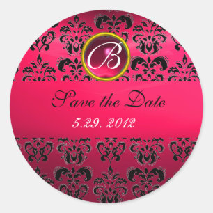 ROSA BLACK DAMASK MONOGRAM, röd ruby, fuchsia Runt Klistermärke