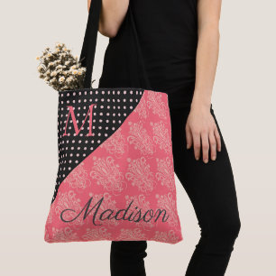 Rosa Black Damask Monogram Trendig Dots Girly Namn Tygkasse