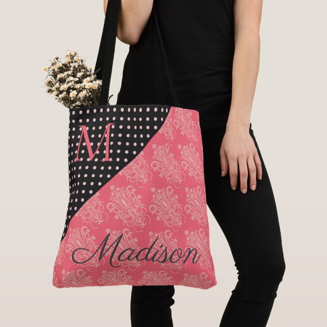 Rosa Black Damask Monogram Trendig Dots Girly Namn Tygkasse (Närbild)