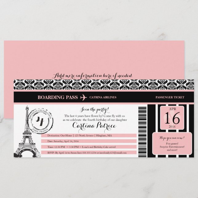 Rosa Black Damask Paris Birthday Boarding Pass Inbjudningar (Fram/baksida)