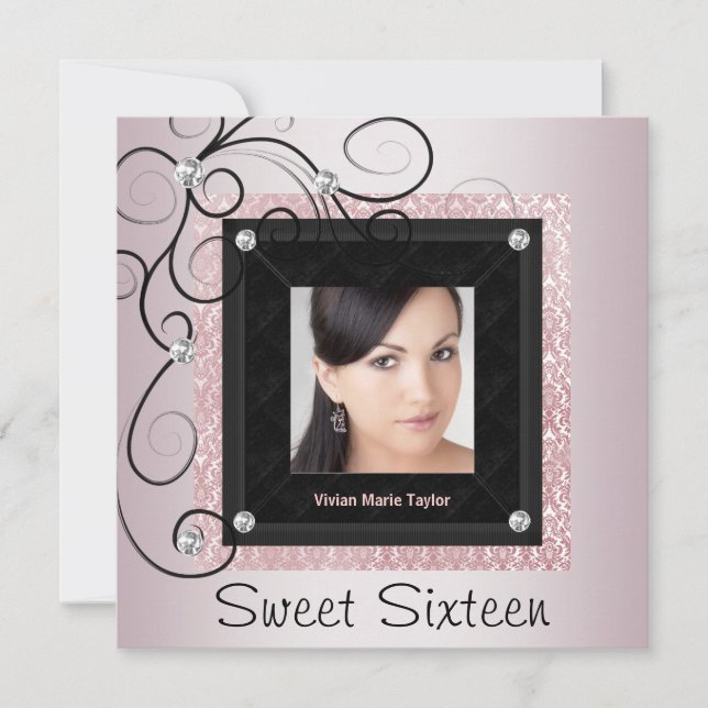 Rosa Black Damask Photo Sweet 16 Party Inbjudningar (Framsida)