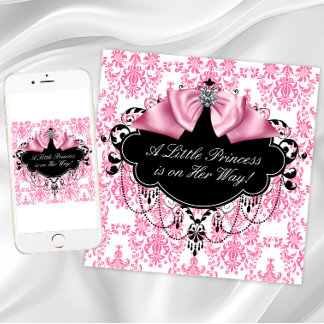 Rosa Black Damask Princess Baby Shower Inbjudningar