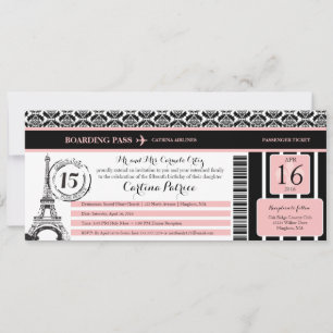 Rosa Black Damask Quinceanera Paris Boarding Pass Inbjudningar
