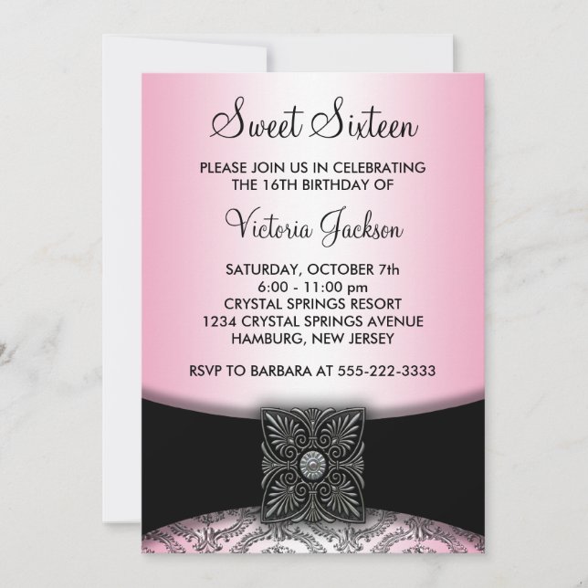 Rosa Black Damask Sweet sixteen Party Inbjudningar (Framsida)