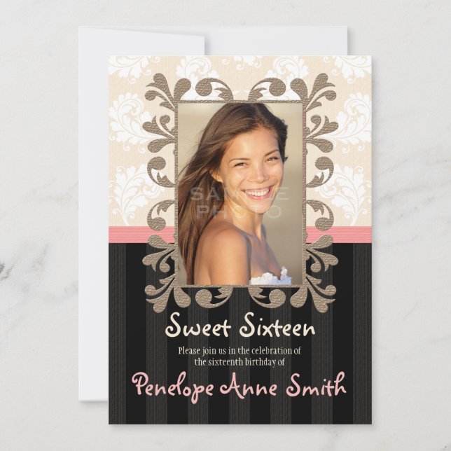 Rosa Black Damask Sweet sixteen Photo Inbjudningar (Framsida)