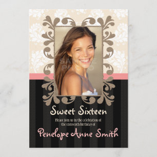 Rosa Black Damask Sweet sixteen Photo Inbjudningar