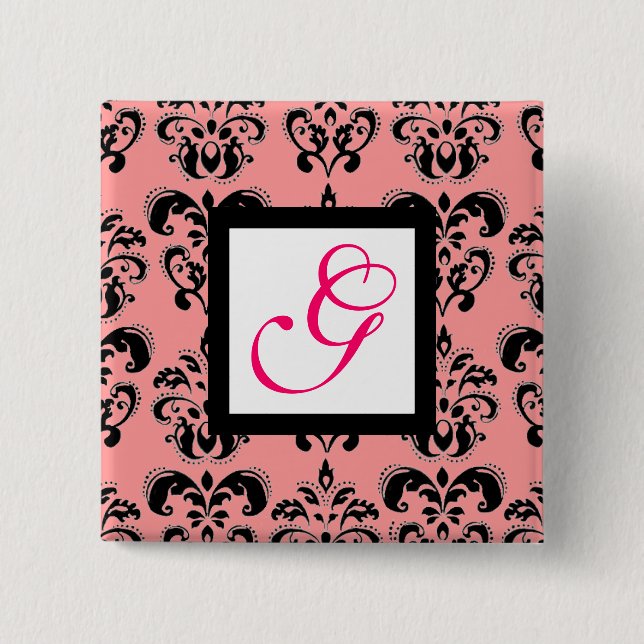 ROSA BLACK DAMASK WHITE SQUARE MONOGRAM Fuchsia Knapp (Framsida)