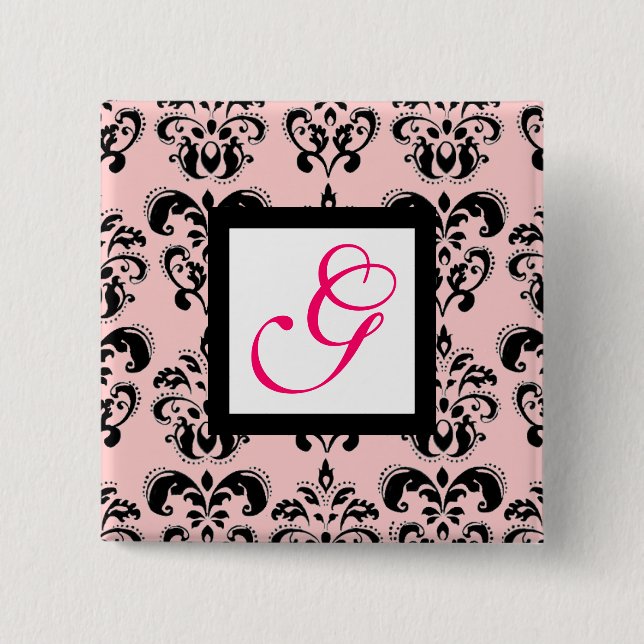 ROSA BLACK DAMASK WHITE SQUARE MONOGRAM Fuchsia Knapp (Framsida)