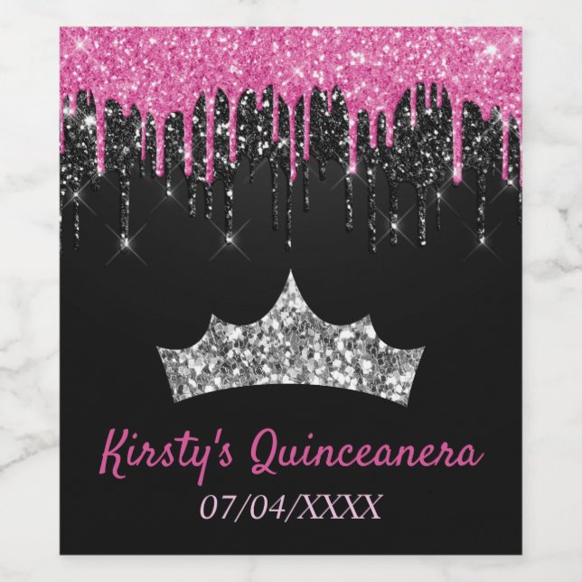 Rosa Black Dripping Glitter Tiara Quinceanera Vinflaska Etikett (Singel etikett)