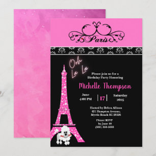 Rosa Black Eiffel Torn Paris Frankrike Birthday Inbjudningar