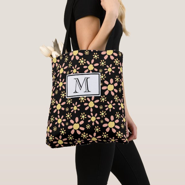 Rosa Black Flower Mönster Monogram Blommigt Tygkasse (Närbild)