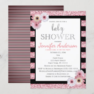 Rosa Black Glamor Rand Baby Shower Inbjudningar