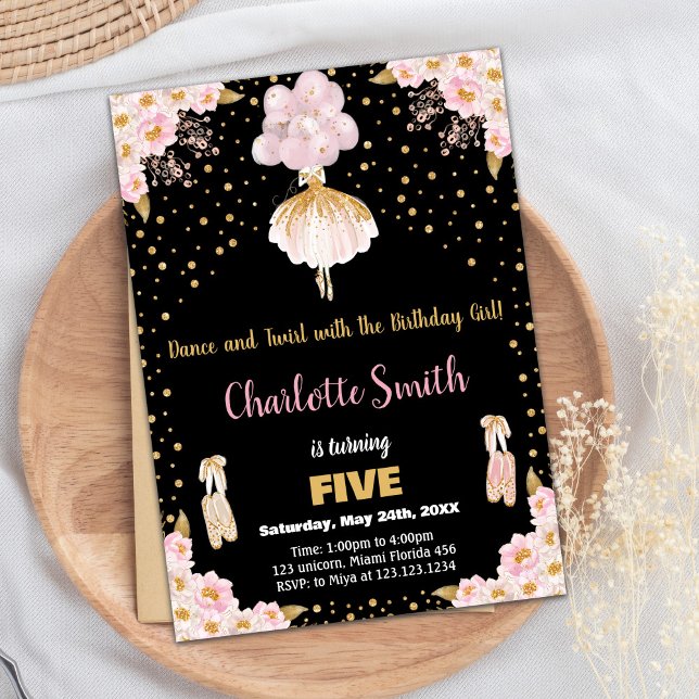 Rosa Black Glitter Ballerina Birthday Investigatio Inbjudningar (Pink Black Glitter Ballerina Birthday Invitations)