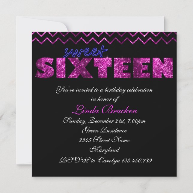Rosa Black Glitter Chevron Sweet sixteen Inbjudan (Framsida)