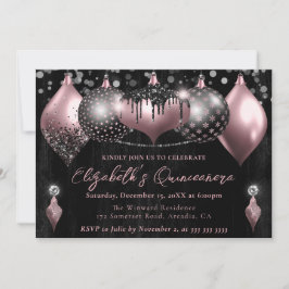 Rosa Black Glitter jul Baubles Quinceanera Inbjudningar